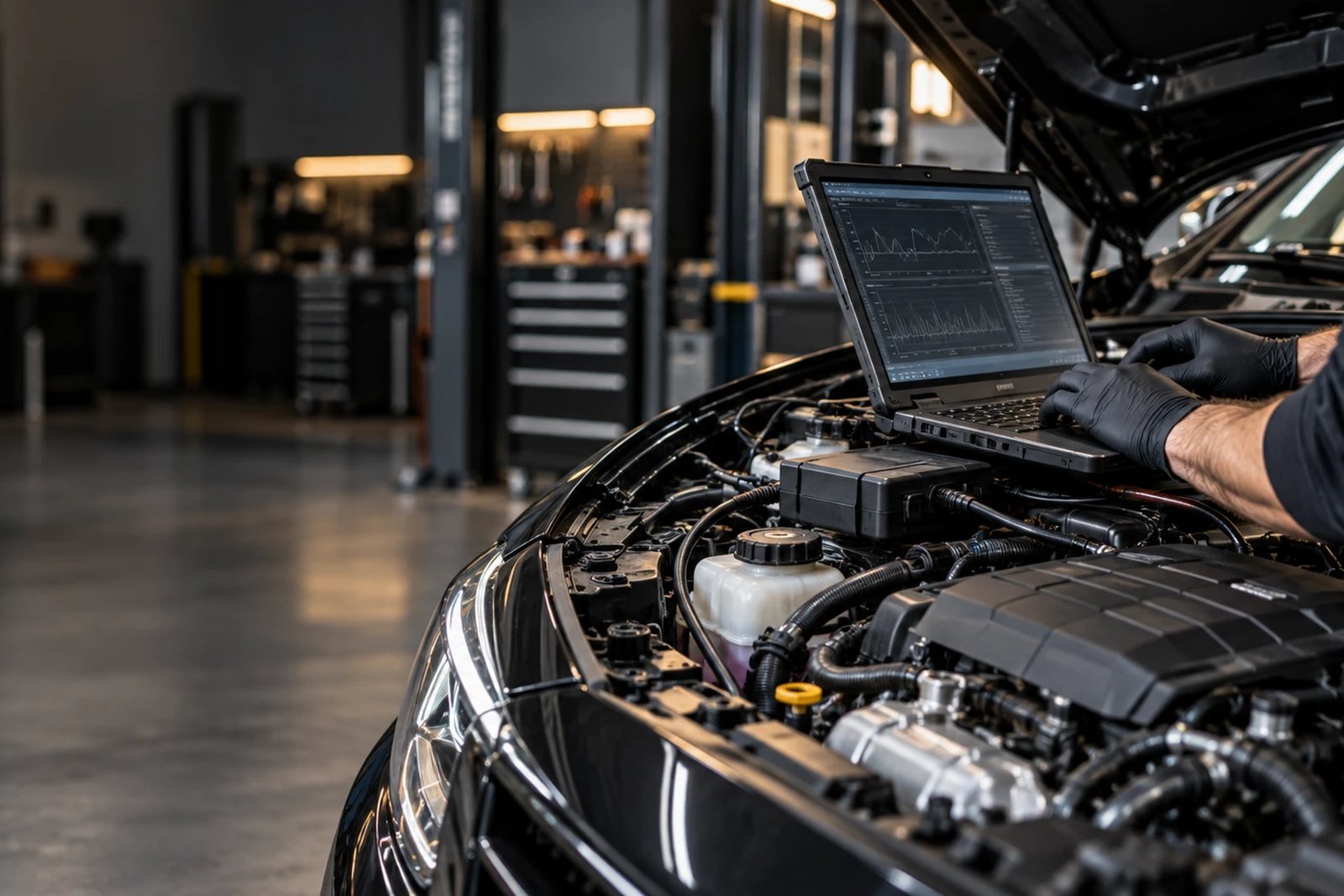 Cars being worked on inside the workshop