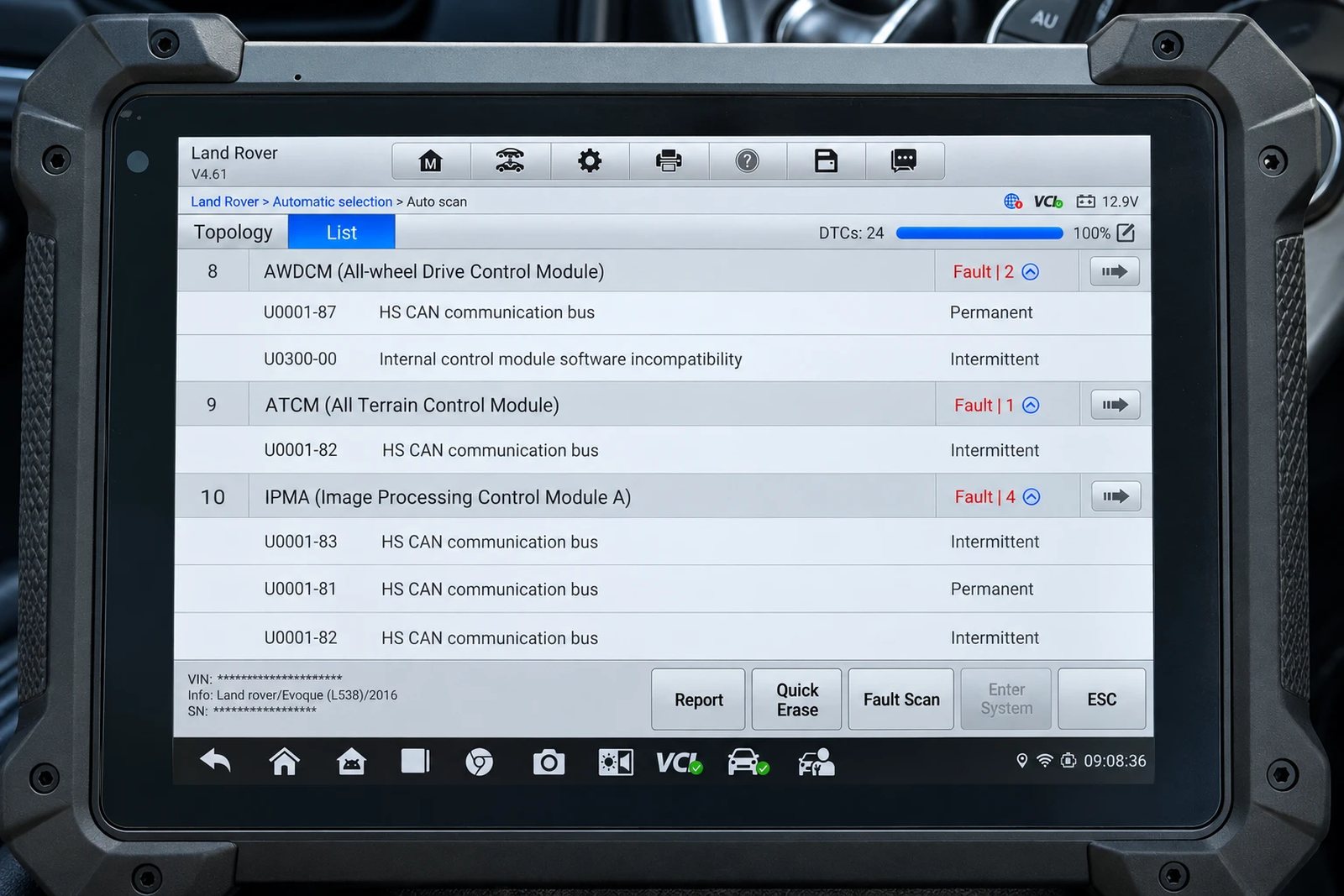 A full fault scan running on the diagnostic tablet