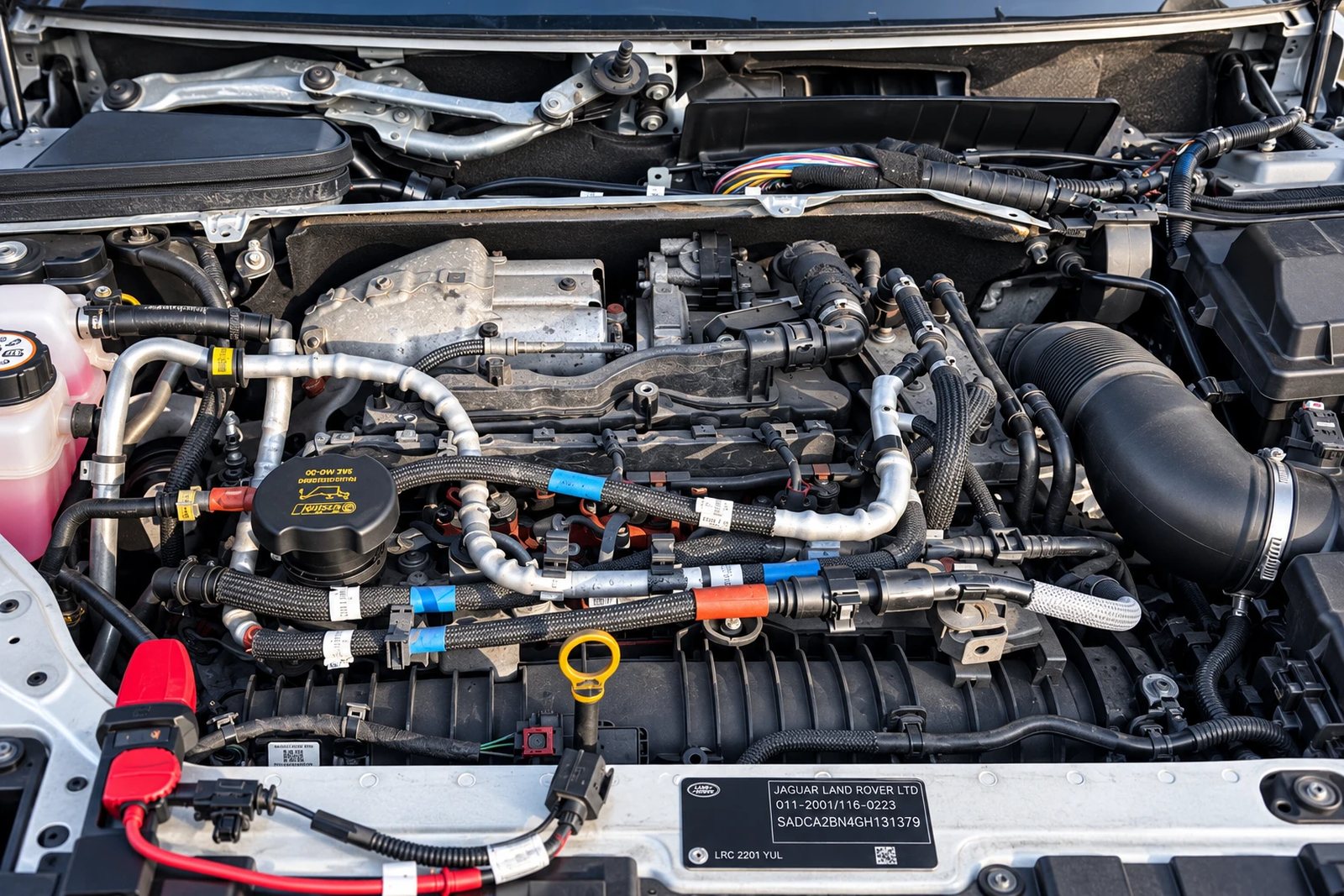 An engine bay with the cover removed