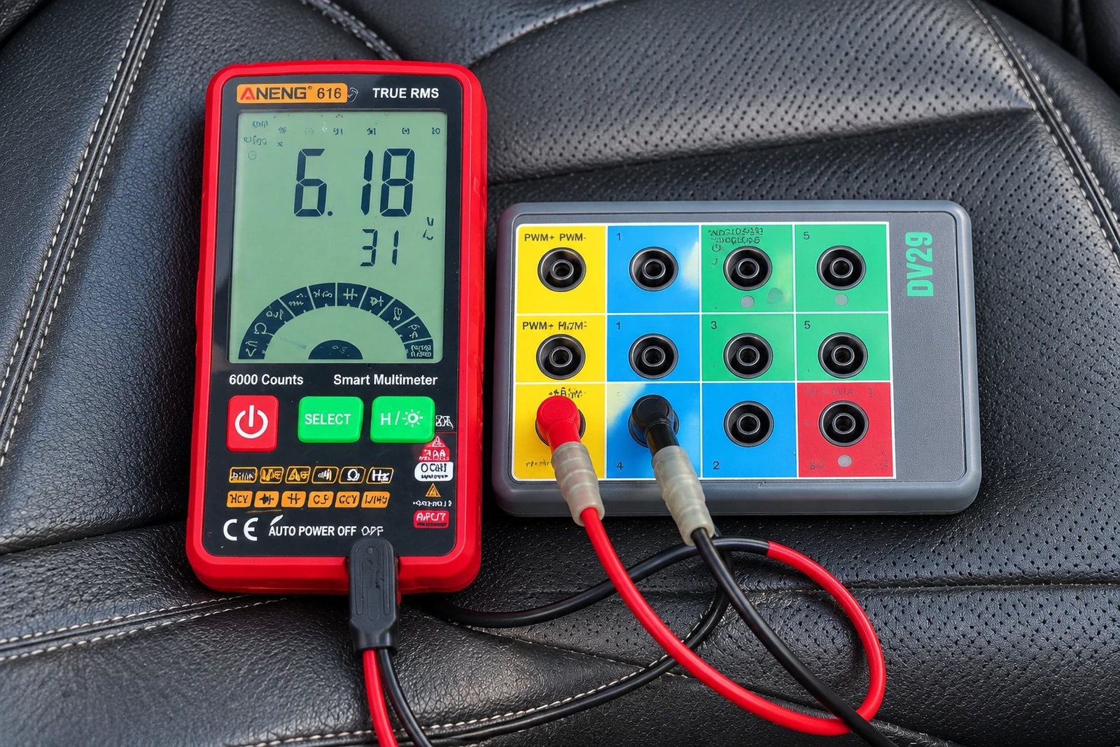 A multimeter and breakout box in use
